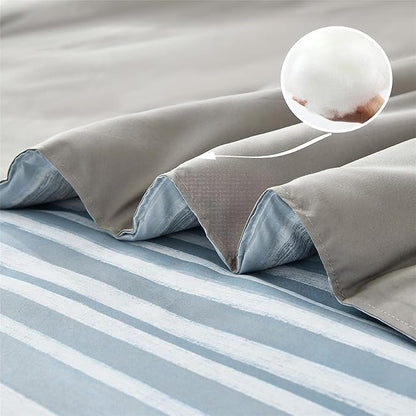 KAKIJUMN 5 Piece Bed in a Bag Stripe Comforter Set Twin Size, White Grey Blue Striped Comforter and Sheet Set, All Season Soft Microfiber Complete Bedding Set(Light Blue,Twin)