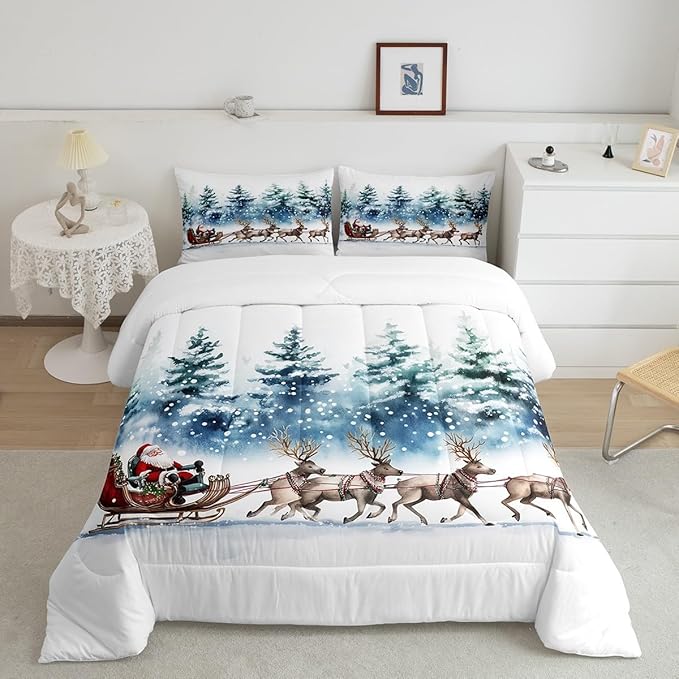 Santa Claus Bedding Set Full Size,Elk Sledge Comforter Set 3Pcs for Kids Boys Girls Teens Room Decor,Pine Tree Jungle Quilt Set Winter Snowflake Blue White Duvet Insert,2 Pillowcases