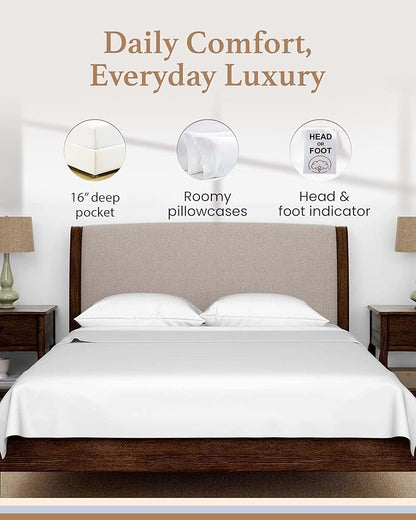 Good Sleep Bedding Olympic Queen Sheets Set, 100% Egyptian Cotton, Luxury 4 Pc Super Queen Sheets Sets, Breathable, Snug Fit, 16" Deep Pocket Fitted Sheet, 2 Pillowcases & 1 Flat Sheet, White