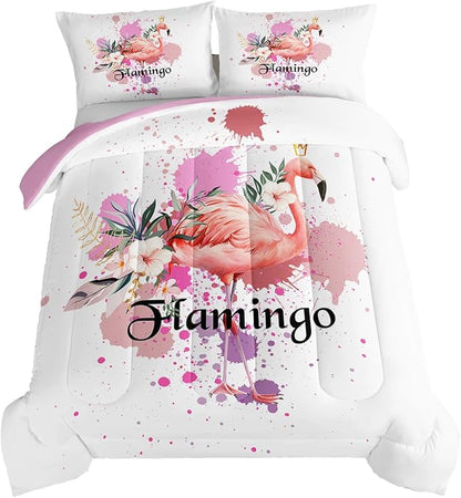 HOSIMA Flamingo Comforter,Pink Flamingo Wearing a Crown Love and Romantic Animal Artwork Room Decor,Twin Bedding Sets for Girls Women,Colorful Ink Floral Bedding Set with 2 Pillowcases.