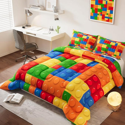 Building Blocks Comforter Set, Colorful Theme 3D Pattern for Kids Teens Adults,Decorative Bedding Comforter Sets with 2 Pillow Shams, Queen Size