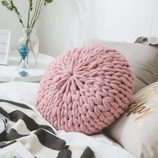 vctops Chunky Knit Round Shaped Throw Pillows with Insert Super Soft Cozy Decorative Handmade Cushions (Pink, Diameter 16")
