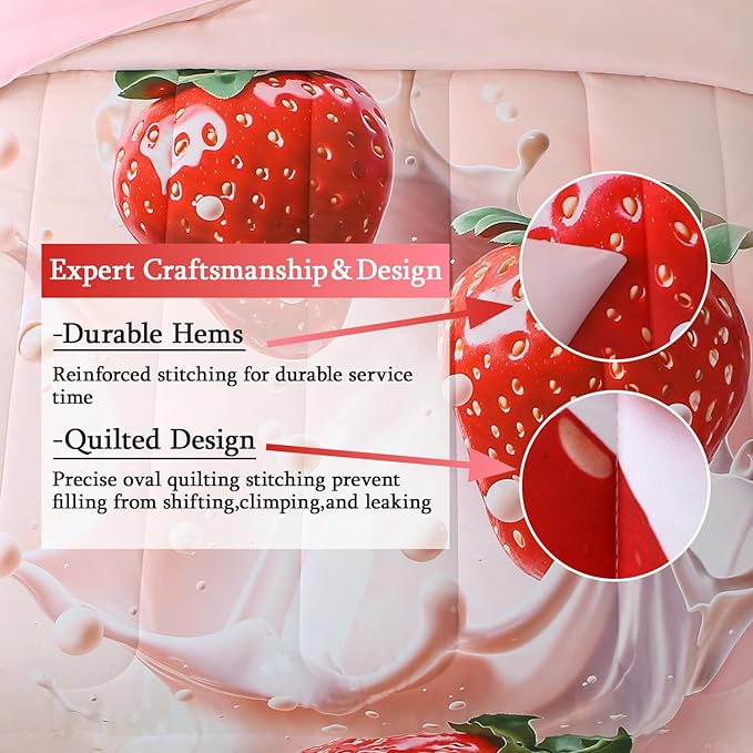 JQinHome Twin Strawberry Comforter Sets for Girls Kids Teens,6 Piece Bed in A Bag - All Season Soft Microfiber Strawberry Bedding Set with Sheet Sets (Pink)