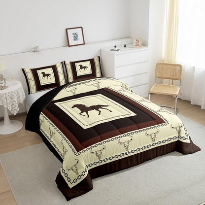 Feelyou Horse Comforter Set for Girls Boys Kids Queen Size Western Decor Comforter Room Decorative Wild Western Cowboy Longhorn Skull Rodeo Cowboy Style Bedding Set Brown Duvet Set 3Pcs Quilt Set