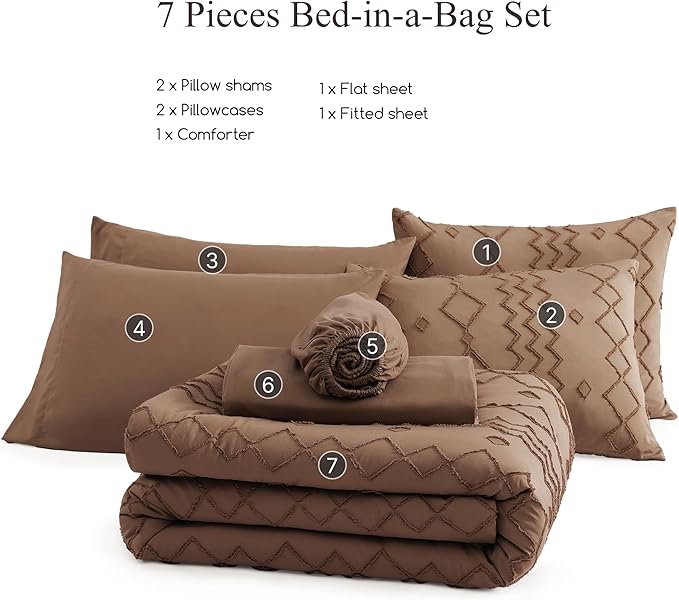 King Size Comforter Set Brown, Tufted Geometric Boho Bedding Farmhouse Bed Set, All Season 7 Pieces Bed in a Bag with Sheets, Pillowcases & Shams