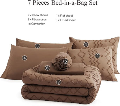 King Size Comforter Set Brown, Tufted Geometric Boho Bedding Farmhouse Bed Set, All Season 7 Pieces Bed in a Bag with Sheets, Pillowcases & Shams