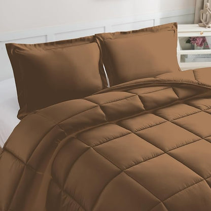 Elegant Comfort 3-Piece Box Stitched Down Alternative Comforter with Shams - Ultra Soft for All Season Duvet Insert with Corner Tabs, Plush Cozy 3PC Comforter Set, Queen, Khaki