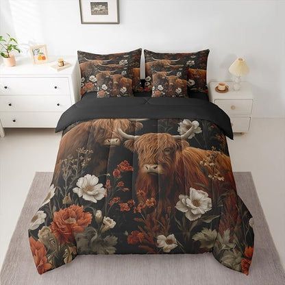 Erosebridal Brown Cattle King Bedding Set - Floral Highland Cow Bed in A Bag,Hippie Groovy Flowers Comforter Sets with Sheets, Vintage Floral Animal 7 Pieces Bed Set Bedroom Decor