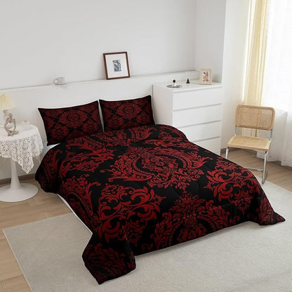 Feelyou Adults Red Vintage Damask Floral Comforter Set Oriental Antique Comforter King Size Gothic Bohemia Boho Flower Bedding Set Bohemian Exotic Duvet Set Quilt Set 3Pcs