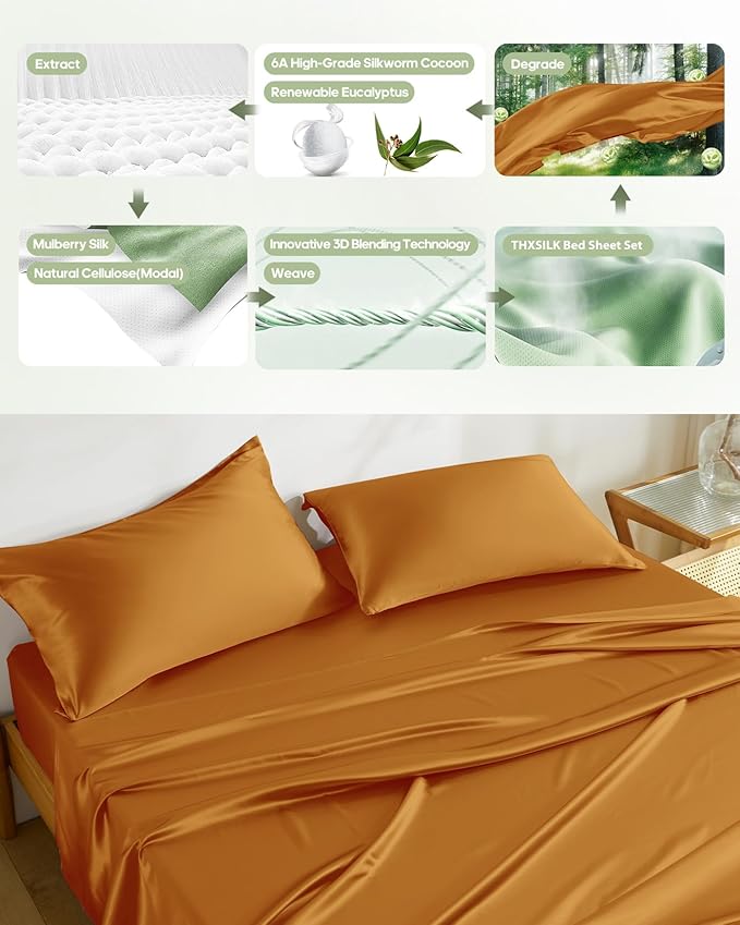 THXSILK Silk Sheet Set 3 Pcs, Twin Size Sheet Set, Soft Breathable Cooling Bed Sheets with 1 Flat Sheet, 1 Fitted Sheet, 1 Pillowcase with Zipper Closure, Deep Orange