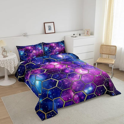 Manfei Blue Purple Galaxy Comforter Set King Size, Geometric Hexagon Print Bedding Set 3pcs, Yellow Honeycomb Space Down Comforter for All Season, Kids Boys Girls Room Decor, 2 Pillowcases