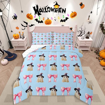 Erosebridal Halloween Ghost Bedding Set Toddler, Ghost with Wizard Hat Pink Bow Comforter Set, Cute Blue Spooky Comforter for Kid Boys Girls Teens Women Kawaii Room Decor, Halloween Decorations Quilt