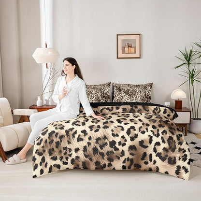 Erosebridal Leopard Print King Comforter Set Cheetah Not Real Fur 7-Piece Bed in A Bag Wild Animal Jungle Ombre Cowhide Fur Sheets and Pillowcases Beige Brown Bed Sets