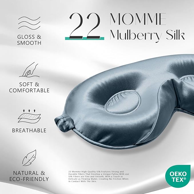 ZIMASILK Adjustable 22 Momme 100% Mulberry Silk Sleep Mask, Upgraded 3D Contoured Cup Eye Mask for Sleeping, Super Soft & Breathable Blindfold, Blackout for Deep Sleeping (Blue Haze)