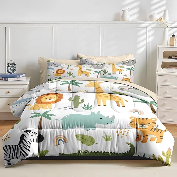 Nesker 5 Pcs Comforter Set Twin Size, Cute Wild Animals Colorful Bedding Set for Kids and Adults, Lion Elephant Giraffe Cartoon Bed Sheet Sets with Fitted Sheet Pillowcases & Shams