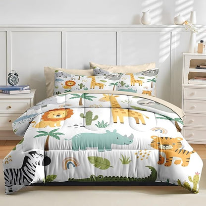 Nesker 7 Pcs Comforter Set Full Size, Cute Wild Animals Colorful Bedding Set for Kids and Adults, Lion Elephant Giraffe Cartoon Bed Sheet Sets with Fitted Sheet 2 Pillowcases & 2 Shams