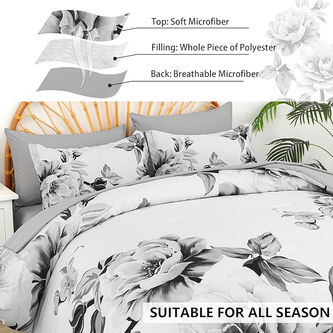 Drucon Grey Floral Comforter Set King 7 Pieces Bed in a Bag Botanical Floral Comforter Soft Microfiber Grey Bedding Set King Size Bed with Sheet and Pillowcase