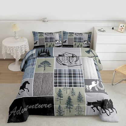 Erosebridal Rustic Farmhouse Comforter Set, Western Horse Bedding Queen for Kids Teens Adult, Farm Animal Horseshoe Quilt Western Decor for Home, Riding Boots Forest Grid Patchwork Duvet Sets, Blue