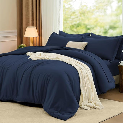 FUANNA Queen Comforter Set Navy Blue, 7 Pieces Soft Bedding Sets Queen Size, All Season Lightweight Bed in a Bag with Comforter, Flat Sheet, Fitted Sheet, Pillowcases & Shams