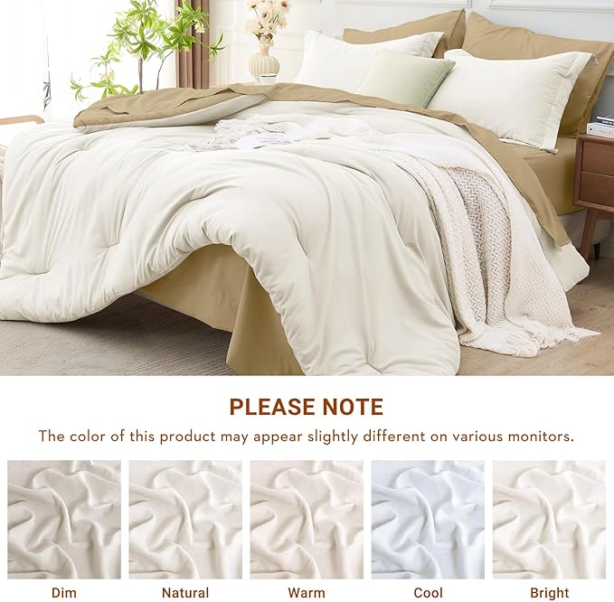 MUXHOMO 7 Pieces Queen Comforter Set, Soft Bed in a Bag Queen Size, All Season Bedding Set with Comforter, Flat Sheet, Fitted Sheet, Pillowcases & Shams, Ivory & Khaki