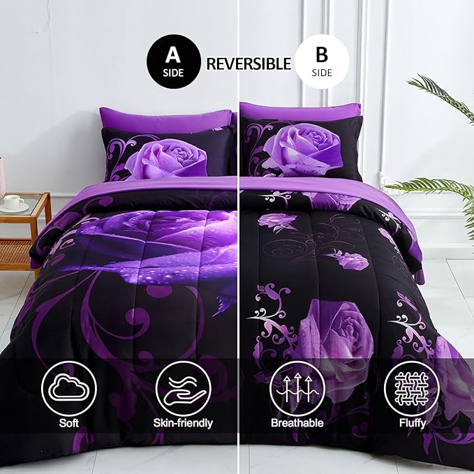 WONGS BEDDING Purple Comforter Set Cal King, Reversible Purple Rose 7 Pieces Bed in a Bag, Lightweight Soft Microfiber Bedding Sets with Flat Sheet, Fitted Sheet, Pillowcases & Shams