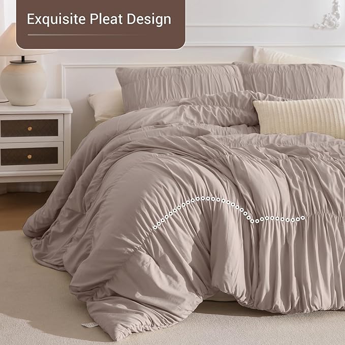 Lady Ann King Bed Comforter Set Camel Ruched King Boho Bedding Comforter Set 104x90 for Bedroom Ultra Soft & Luxurious 3 Piece Fluffy Bed Sets