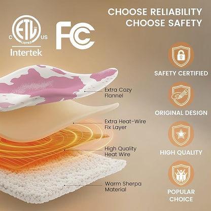 Heated Blanket Throw Electric Blanket with Foot Pocket, GentleSoft Flannel Blanket Throw with 10 Heating Settings,10 Hours Auto Off, Cow Print Cozy Soft, Washable, Warm Gifts (50x62 Inch Pink)