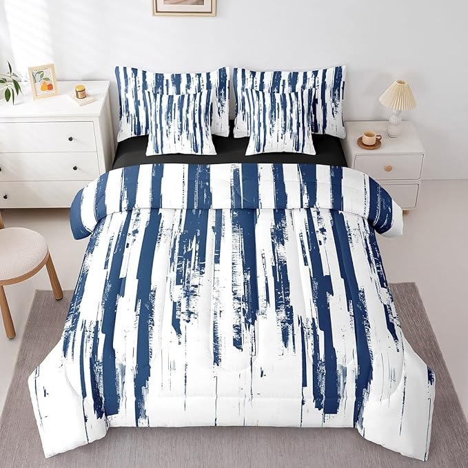 Erosebridal 7Pcs Navy Blue Twin Comforter Set,Teal Geometric Stripes Striped Abstract Bed in A Bag,Modern Art Aesthetic Quilt Set with Pillowcases,Watercolor Graffiti Ink Bedding with Bed Sheets
