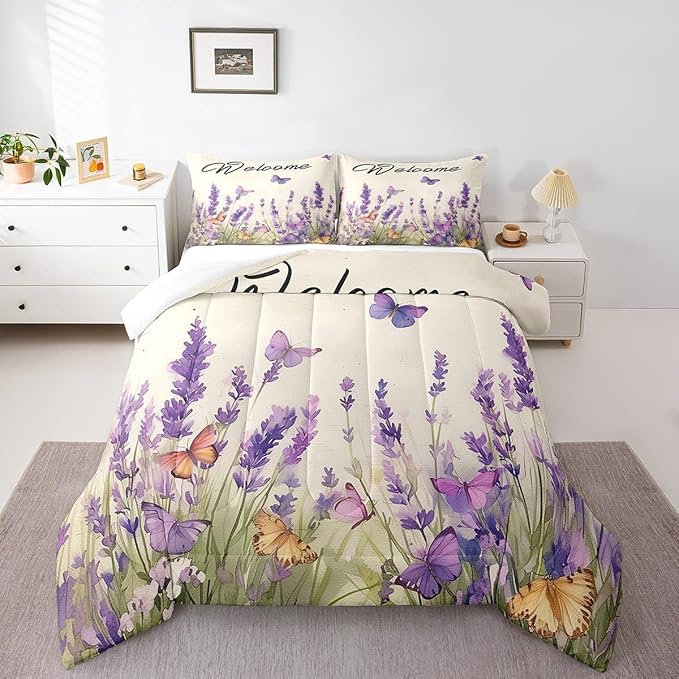Erosebridal Purple Lavender Bedding Set Twin Spring Watercolor Flowers Butterfly Comforter Set for Kids Girls Women Aesthetics Garden Style Floral Down Comforter Rustic Farmhouse Quilt Duvet