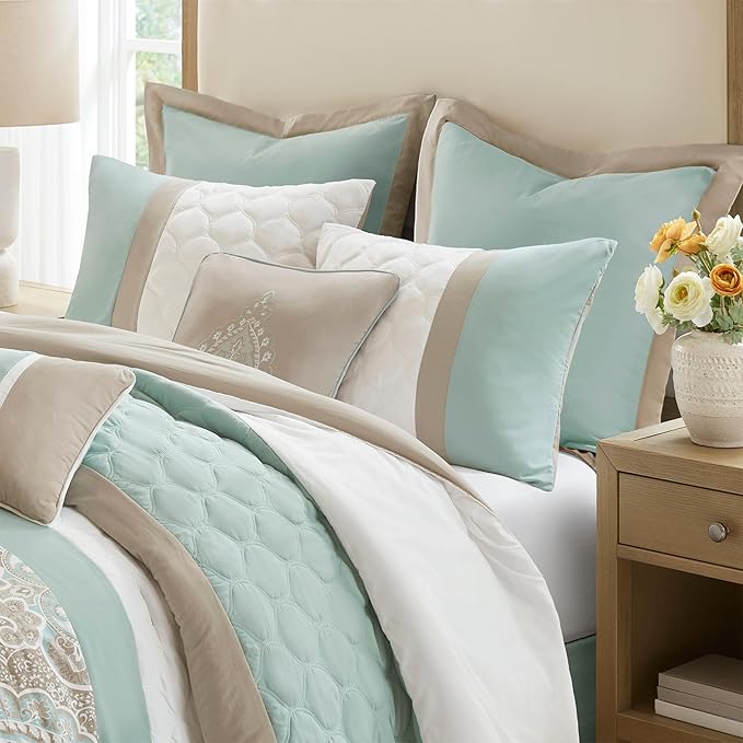 510 DESIGN Luxe Quilted Comforter Set Modern Transitional Design, All Season Down Alternative Warm Bedding Matching Shams, Bedskirt, Decorative Pillow, Cal King, Shawnee Scrollwork Seafoam