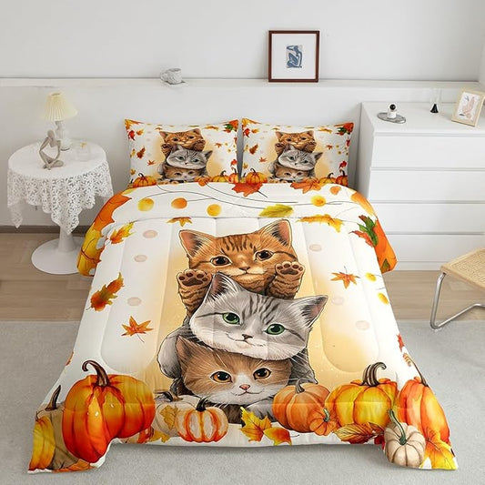 Erosebridal Kids Cute Cats Comforter Twin Fall Pumpkin Maple Leaf Bedding Sets for Girls Boys,Autumn Thanksgiving Decor Comforter Set for Bedroom,Happy Fall Decorations for Home with 1 Pillow Case