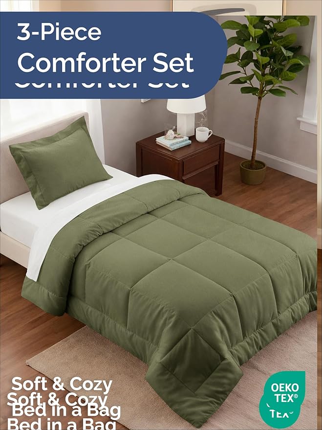 Twin Comforter Set - 2 Piece Bed Set for All Seasons - 1 Soft Quilted Comforter w/ Corner Tabs & 1 Pillow Sham - Comfy, Cozy & Breathable - Premium Down Duvet Insert - Oeko-TEX - Twin Size, Sage Green