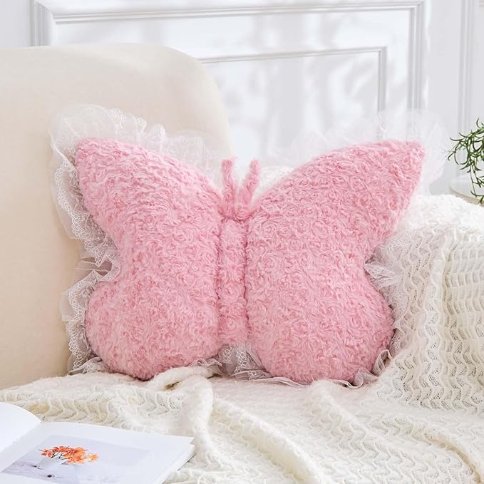 Butterfly Pillow Dusty Pink Decorative Pillows 20" Butterfly Shaped Cute Throw Pillows with Lace Aesthetic Bow Plush Cushion for Room Decor Bed Sofa Couch