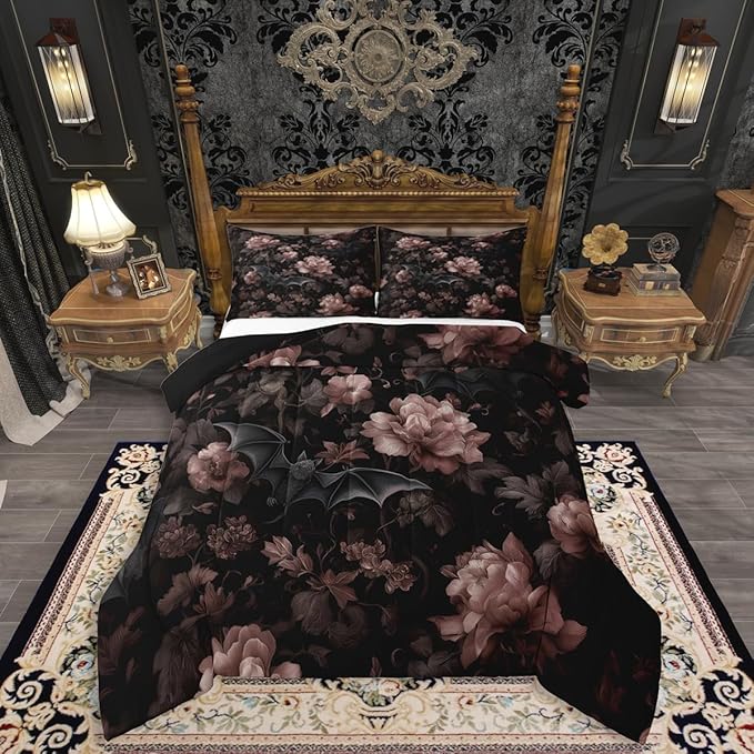 Erosebridal Gothic Bedding Set Queen for Home, Goth Halloween Decor Comforter Set for Kids Teens Women Men Bedroom, Gothic Bat Black Floral Comforter, Vintage Victorian Baroque Quilt, 2 Pillowcases