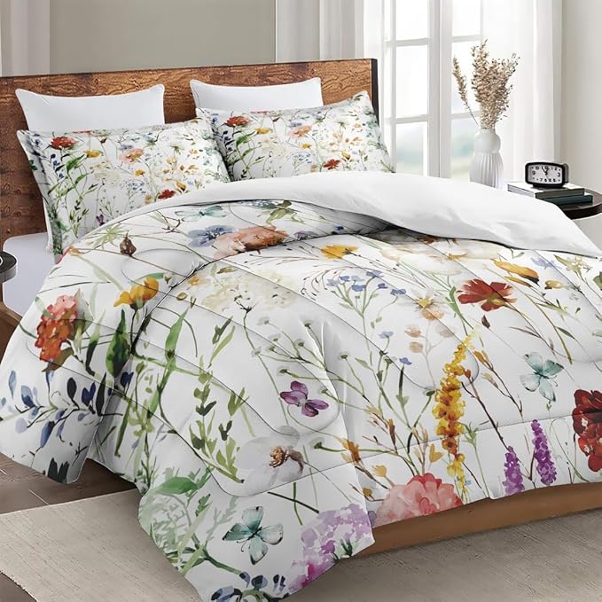 Twin Size Comforter Set with Pillowcase, Wildflower Flower Floral 2 Pcs Bedding for Kids and Adults, Boho Watercolor Butterfly Soft Comforter Set for Bedroom Bed Decor