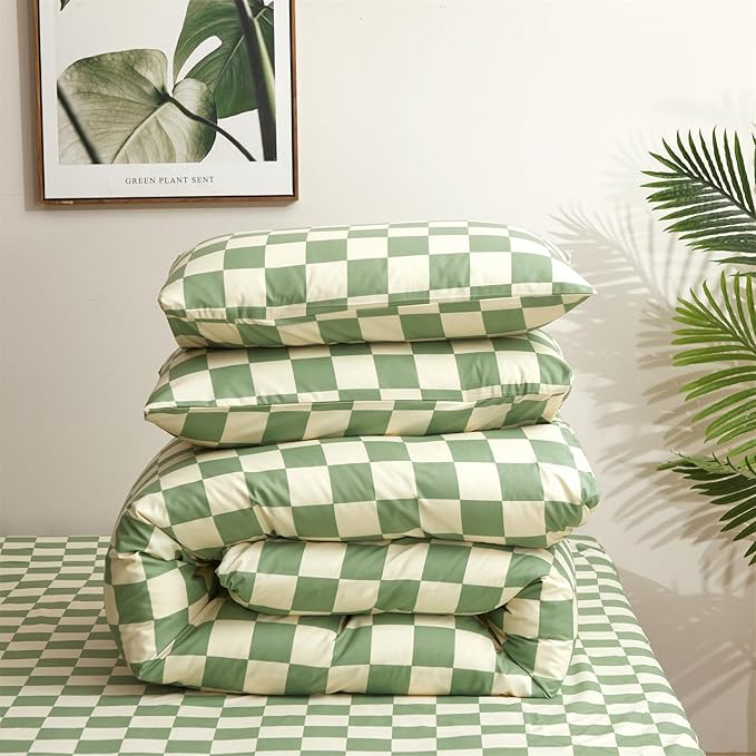 Houseri Sage Green White Plaid Comforter Full Size Light Green Bedding Comforter Sets for Teen Boys Girls Full Grass Green and Beige Buffalo Plaid Comforters Checkerboard Gingham Dorm Bedding Set Full