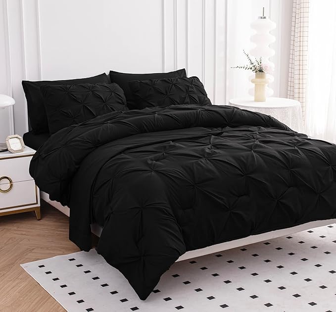 LANE LINEN Black Twin XL Comforter - 5 Piece Set - Pintuck Detailing Ready to Style Bedding Set - All Season Comforter, Pillowcase, Pillow Sham, Flat Sheet & Fitted Sheet - Everyday Twin XL Bed Sets | Soft daily feel, Durable pintuck, All season warmth...