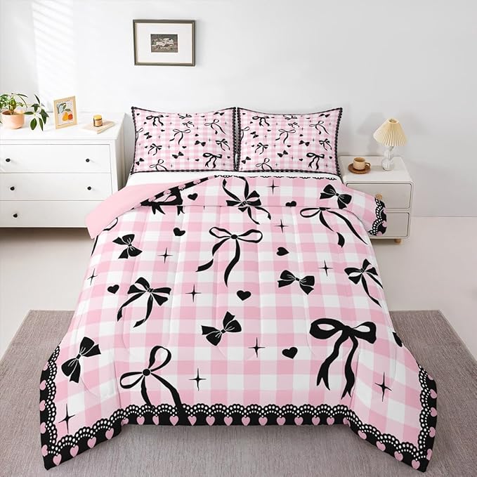 Black Bow Comforter Set King Size,Kids Girls Bowknot Bedding Set 3Pcs,White Pink Plaid Check Quilted Duvet for Teens Young Woman Room Decor,Sweet Love Lace Stripes Down Comforter,2 Pillowcases