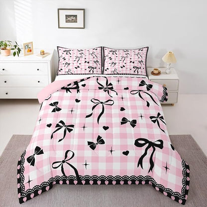 Black Bow Comforter Set King Size,Kids Girls Bowknot Bedding Set 3Pcs,White Pink Plaid Check Quilted Duvet for Teens Young Woman Room Decor,Sweet Love Lace Stripes Down Comforter,2 Pillowcases