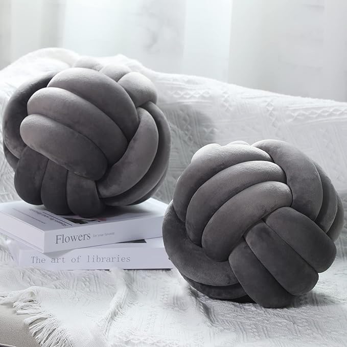Namalu 2 Pieces Knot Ball Pillows Round Plush Aesthetic Cushion Pillows Soft Stress Relieving Cute Decorative Knotted Pillows for Kids Bed Sofa Bedroom Decor (Dark Gray, 7.87 Inches)