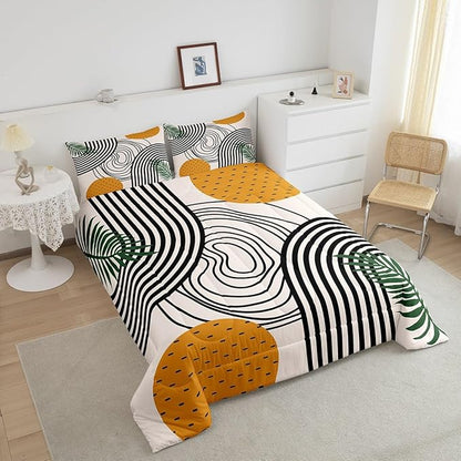 Erosebridal Modern Comforter Set King Abstract Art Bedding Set, Orange Black White Aesthetic Bedding Comforter Sets Retro Minimalism Duvet Sets, Mid Century Quilted Comforter Geometric Striped Decor