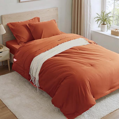 Anluoer Burnt Orange Twin Comforter Set 5 Pieces, Bed in a Bag with Sheets, All Season Bedding Sets with 1 Comforter, 1 Pillow Sham, 1 Pillowcase, 1 Flat Sheet, 1 Fitted Sheet