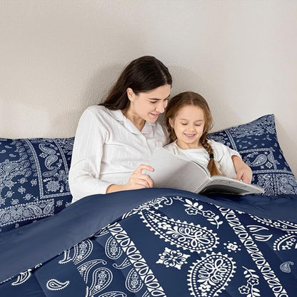 Manfei Boho Paisley Comforter Set King Size, Jacquard Paisley Flower Bedding Set 3pcs, Navy Blue and White Floral Print Down Comforter, Teens Women Adults Room Decor, 2 Pillowcases, No Sheets