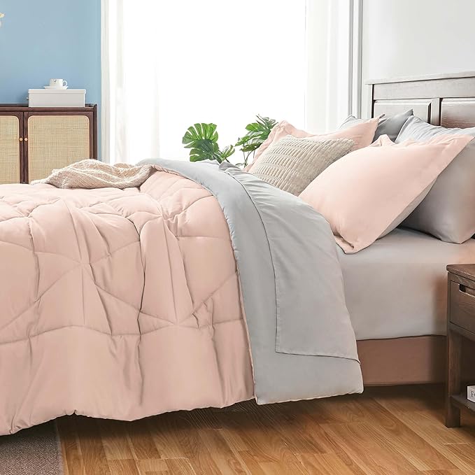 BEDELITE Twin Comforter Set 5 Pieces Bed in A Bag - Soft Microfiber Reversible Dusty Pink Bed Set with Comforters, Sheets, Pillowcase & Sham, Cozy Luxury Bedding Sets for All Season