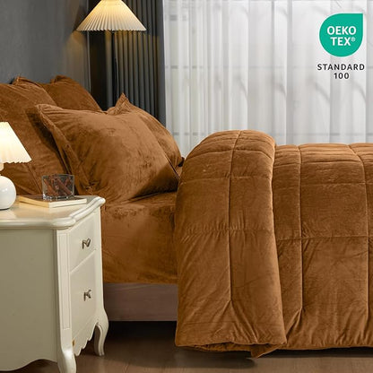 PHF Double-Sided Velvet Comforter Set King Size, 5 Piece Soft Luxury Winter Warm Bedding Sets, Modern Bed in A Bag Including 1 Cozy Comforter, 2 Pillow Shams, 2 Euro Shams for Home Decor, Camel