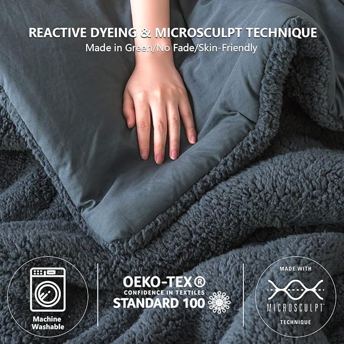 Warmth Queen Comforter Set - Super Soft Fluffy Sherpa Fleece PolyCotton Down Alternative Bedding Blanket Comforter Pillowsham, Plush Medium Weight for Winter Autumn, Dark Dusty Blue Grey Full/Queen