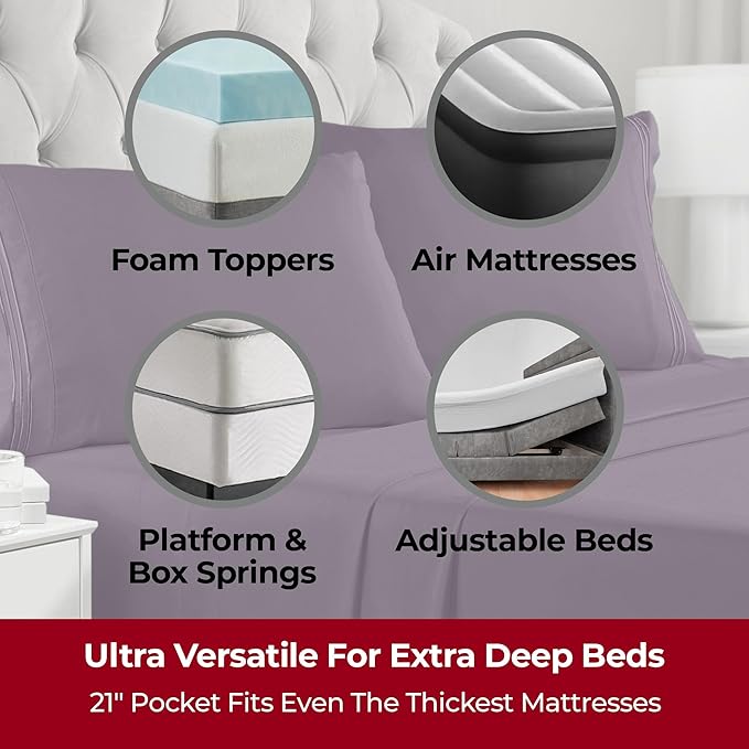 Mellanni Extra Deep King Sheets - 4 PC Iconic Collection Bedding - Hotel Luxury, Ultra Soft, Cooling Bed Sheets - Wrinkle, Fade, Stain Resistant (King, Purple)