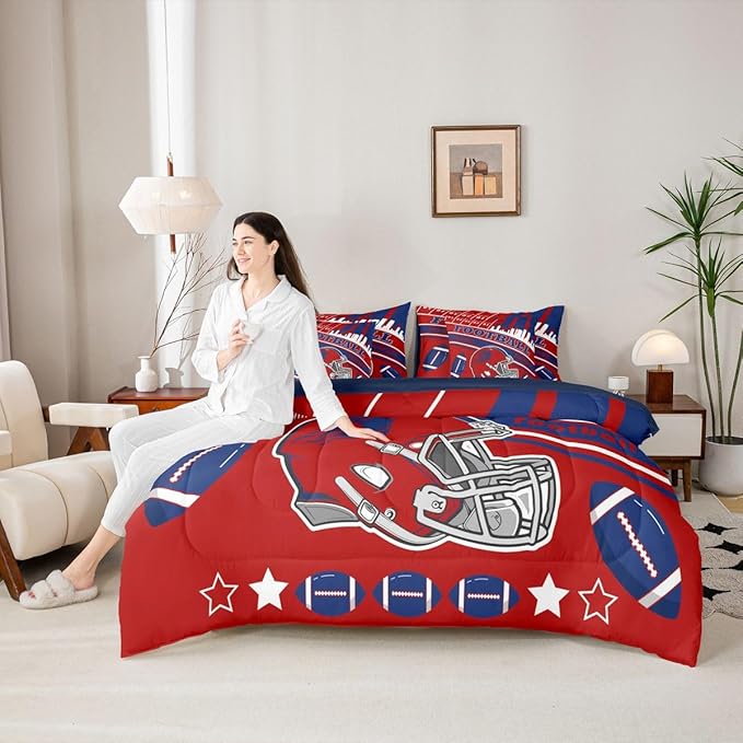 Feelyou Football 7 Pieces Comforter Sets King Size Kids Rugby Sports Bedding Set for All Season Football City Bed in a Bag with Comforter, Sheets, Pillowcases & Cushion Cover