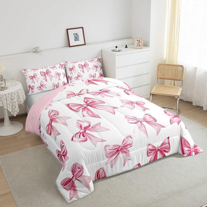 Erosebridal Kawaii Bowknot Girls Bedding Set Dreamy Princess Style Comforter Set Full for Kids Teen Women,Girly Cute Bow Bedding Comforter Sets Pink Bow Tie Bed Duvet Set 2 Pillow Cases