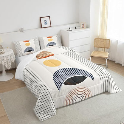 Erosebridal Modern Moon Print Comforter Twin Mid Century Bedding Set, Abstract Art Down Comforter Geometric Stripe Bed Set, Aesthetic Quilted Duvet